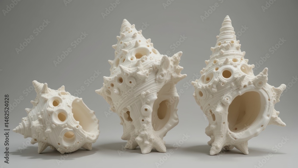 Poster collection of elegant white seashells displayed in a studio setting with soft lighting