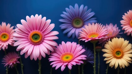 Colorful Arrangement of Gerbera Flowers Against a Deep Blue Background in Nature Scene