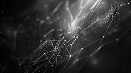 Abstract network connections with glowing dots and lines in a dark background monochrome style