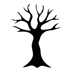 A bold monochrome illustration of a bare tree against a white backdrop