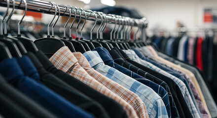 Fototapeta premium Assorted Mens Dress Shirts on Metal Rack in Clothing Store with Variety of Plaid Patterns and Colors Displayed