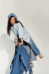 Stunning summer fashion showcase featuring a young woman in layered denim outfits