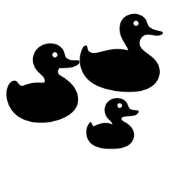 Three black rubber duck silhouettes on a white background in simple style