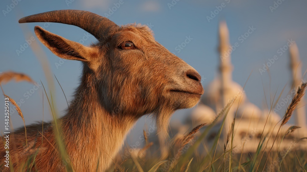 Poster goat in a field with a mosque in the background.