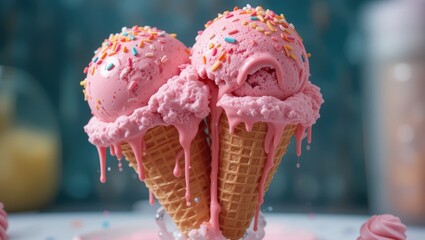 Delicious Pink Ice Cream With Sprinkles Dripping From Two Cones On A Plate