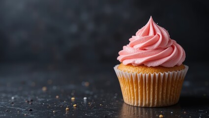 Delicious Vanilla Cupcake with Pink Frosting on a Dark Textured Surface Ready for Enjoyment