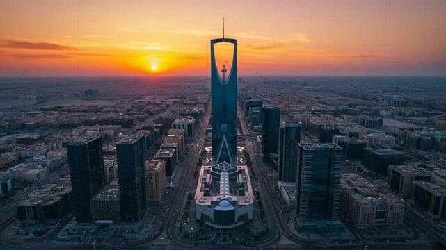 Riyadhs futuristic skyline at golden hour drone video of modern urban development and infrastructure