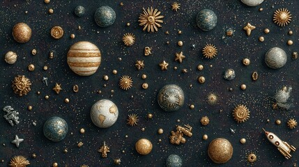 Seamless Flat Lay Pattern of Space Science Objects on Dark Background