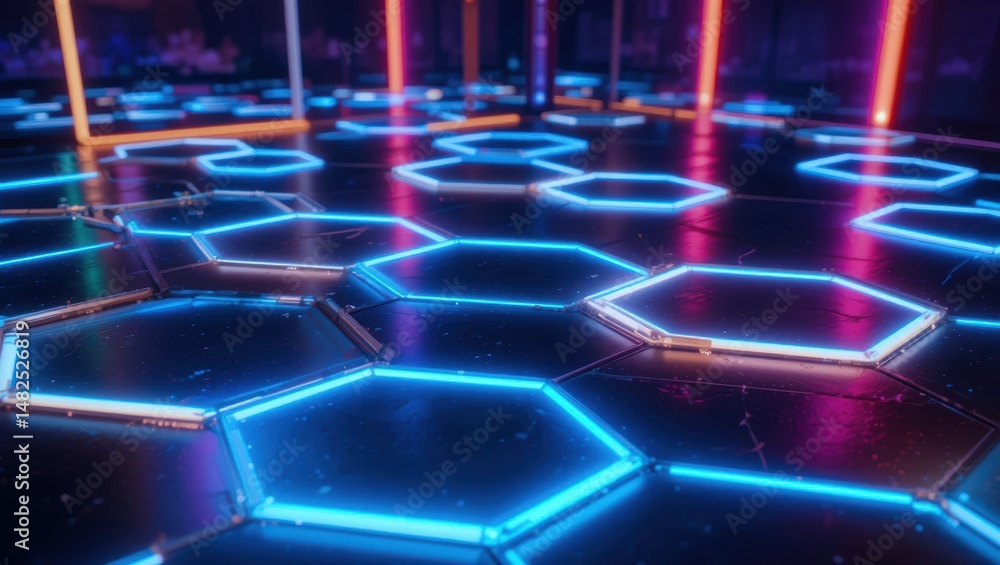 Poster futuristic neon hexagonal pattern floor with colorful glowing lights in a dark environment