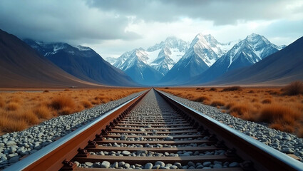 Scenic Landscape Photo of Railway Track Leading to Snow-Capped Mountains – Dramatic Perspective with Earthy Tones and Cloudy Sky