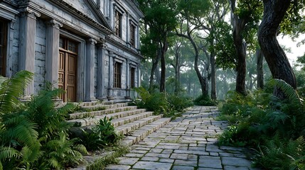 Obraz premium Enigmatic Colonial Ruins Surrounded by Lush Greenery on an Island