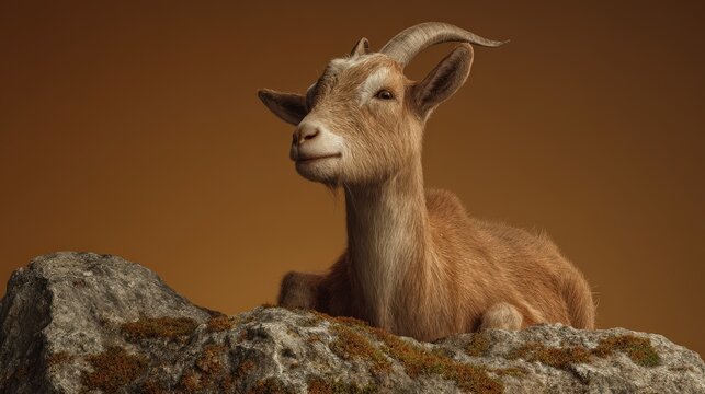 A resting goat atop a rocky outcrop against a muted backdrop.