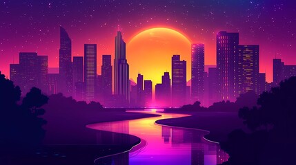 Fototapeta premium neon cityscape with river at sunset