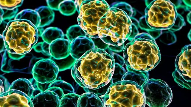 Microscopic 3D visualization of viral cells in vivid neon colors floating in black space, concept of infection and biotechnology