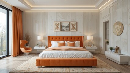 Modern Bedroom Interior Design Featuring Orange Accents and Elegant Furnishings
