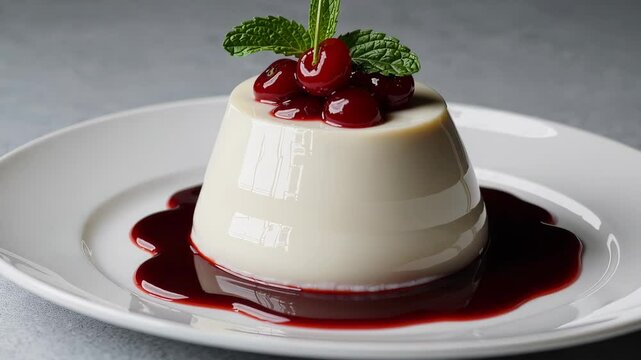 Elegant dessert panna cotta with cherry sauce topping on white plate, fine dining concept, gourmet sweet food close-up, smooth creamy texture