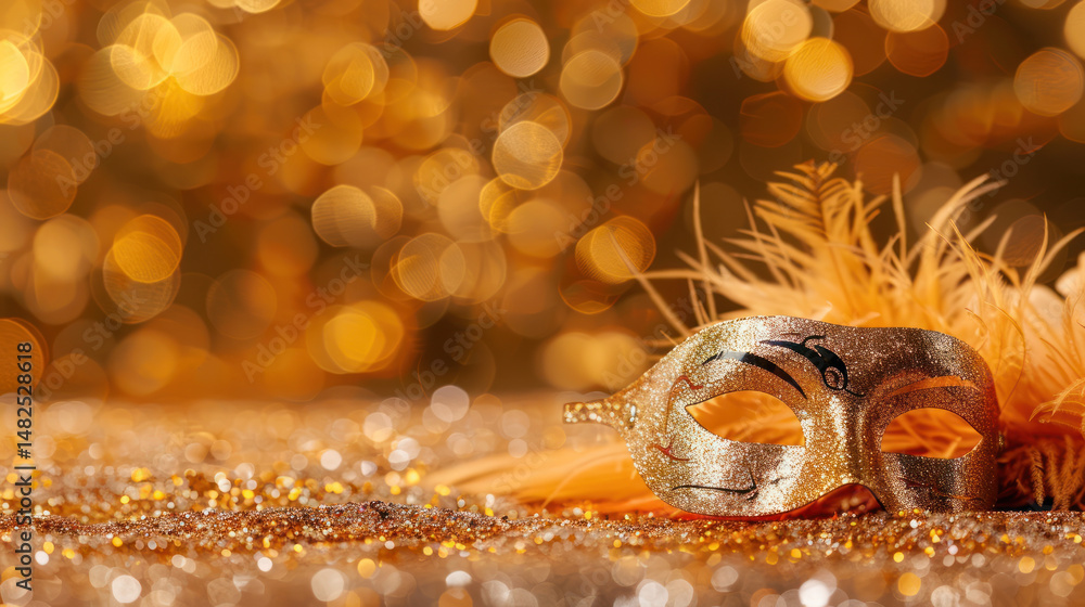 Poster elegant gold mask resting on sparkling surface with warm bokeh lights creating festive and glamorous