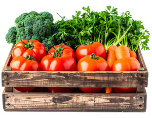 Fresh Harvest: A vibrant assortment of ripe tomatoes, broccoli, carrots and fresh parsley, displayed in a rustic wooden crate, ready to enhance any culinary creation.