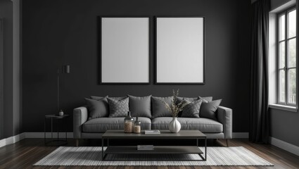 Modern Minimalist Living Room with Grey Sofa and Neutral Decor Featuring Blank Picture Frames