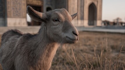Gray goat near ancient building at sunset.