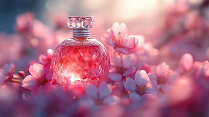 Delicate perfume bottle surrounded by blossoming spring flowers. Soft, beautiful light illuminates the scene.