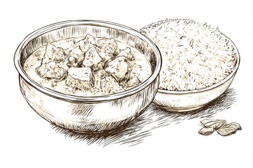 Chicken Curry  Rice Sketch Delicious Indian Food Illustration.