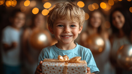 Naklejka premium Happy boy holding a gift at a party.