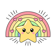 Cute Star with Rainbow and Hearts Kawaii Illustration