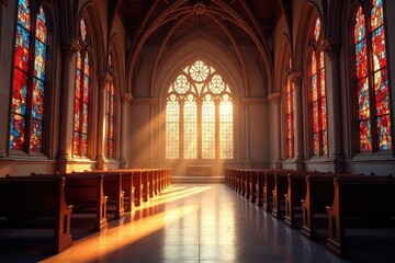 Fototapeta premium Tranquil church interior, sunlight streaming through stained glass windows , interior, devotion, catholic
