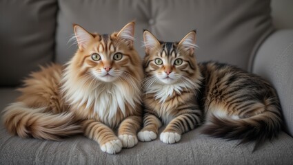 Two Beautiful Maine Coon Cats Resting Together on a Cozy Sofa in a Warm Indoor Setting