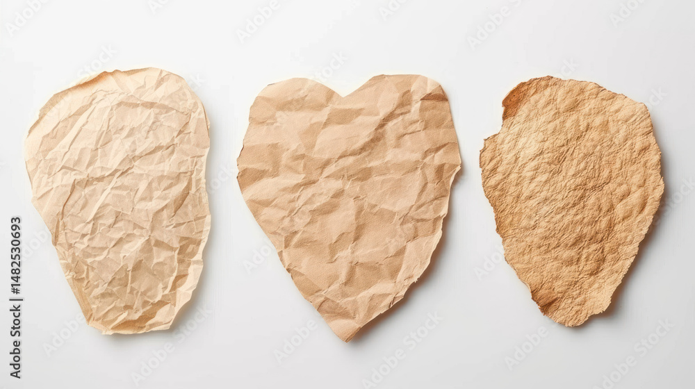 Poster textured crumpled paper sheets in various shapes and colors on clean background
