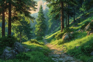 Fototapeta premium Sun-Drenched Forest Trail in Midsummer with Tall Trees and Stones