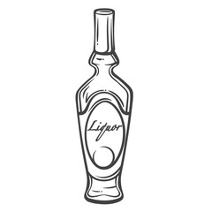 Liquor bottle outline drawing with handwritten label in vintage doodle style. Alcohol packaging element, elegant and decorative tableware for bar menu or product design. Vector illustration.