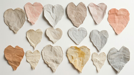 Obraz premium Collection of Crumpled Paper Hearts in Various Colors and Textures for Creative and Artistic Projects, Backgrounds, and Digital Designs