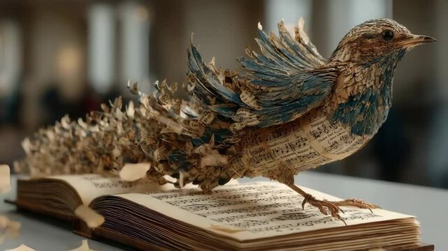 sheet music turning into birds flying off the page, creative transformation of melody 