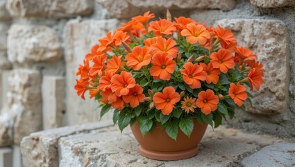 Vibrant Orange Flowers in Decorative Pot Against a Rustic Stone Wall Outdoors