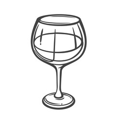 Wine glass outline in simple doodle style with rounded shape. Alcohol drink tableware, elegant barware element for food design, menu, or packaging. Vector illustration.