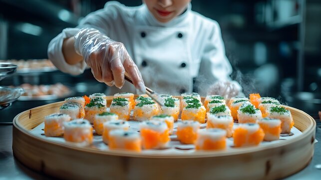 
Asian female chef plating colorful dim sum on bamboo tray with blurred background
