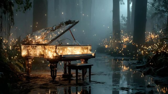 a glowing grand piano in the middle of a foggy forest at night, ambient light and fireflies 