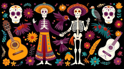 Colorful Sugar Skulls and Festive Skeletons in Traditional Attire Surrounded by Flowers and Musical Instruments for Dia de los Muertos Celebration