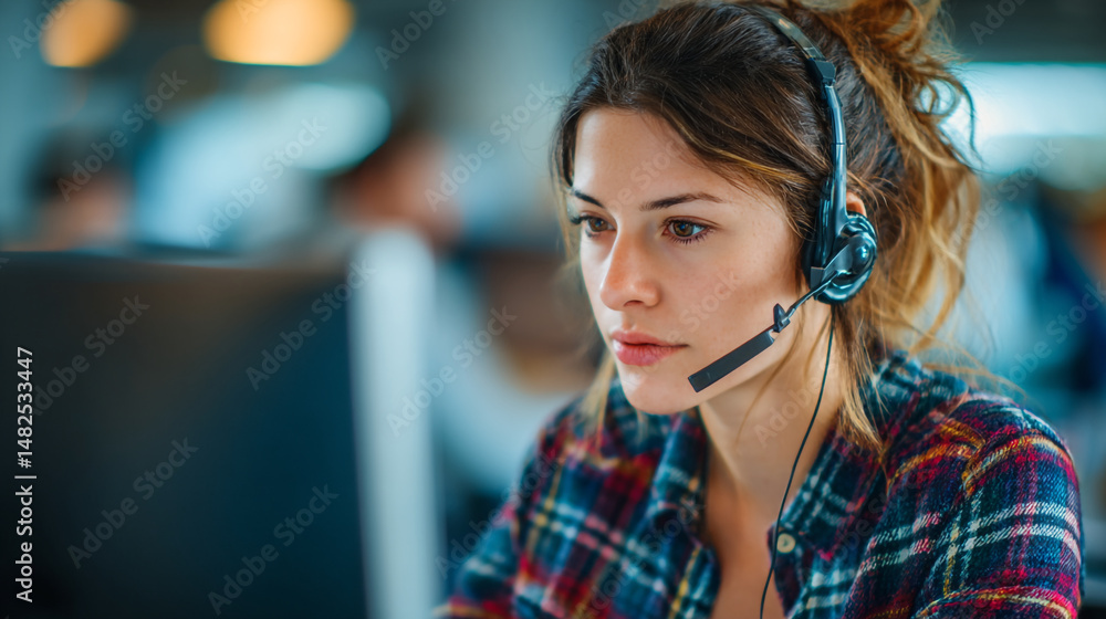 Aufkleber customer service representative working in call center with headset and computer support agent jobs