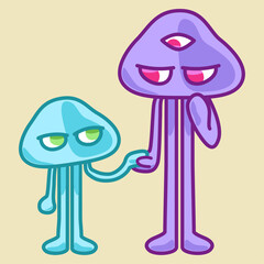 見つめながら水色の子ども宇宙人と手をつなぐ紫色の宇宙人／A purple alien holds hands with a light blue child alien while gazing at him