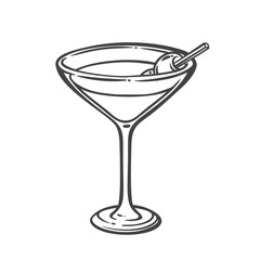 Martini cocktail glass with olive garnish, drawn in clean black line style. Alcoholic drinkware for bar menu, party invitations, or mixology designs. Vector illustration.