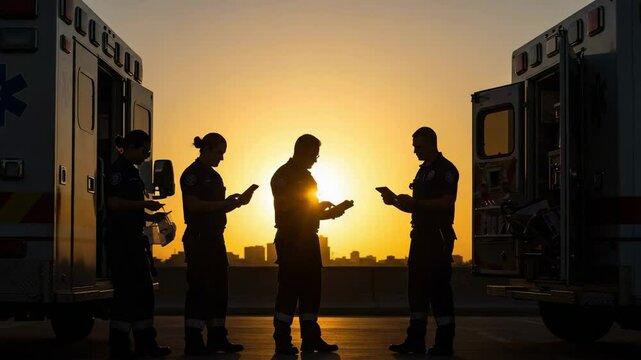 Four Emergency Medical Technicians in Silhouette at Sunset, Engaged with Their Mobile Devices in a Cityscape Setting, Emergency Services Professionals at Dusk