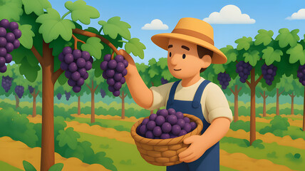 Obraz premium 3D Cartoon Farmer Harvesting Grapes in Vineyard