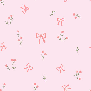 Seamless pattern of pink flower with green leaves and ribbon bows on pink background vector.