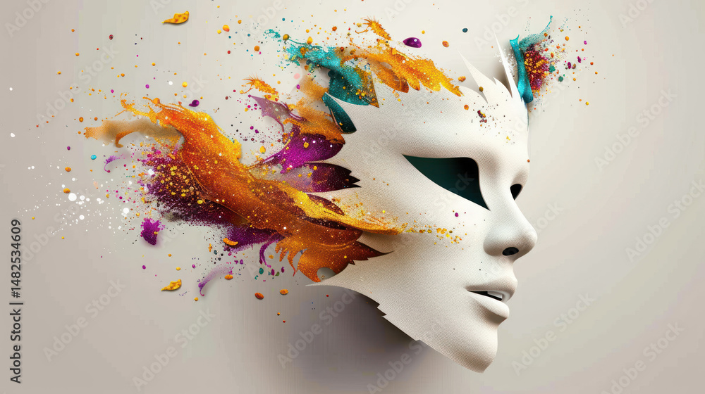 Poster abstract art of a white mask with vibrant colors exploding outward, representing creativity and expr
