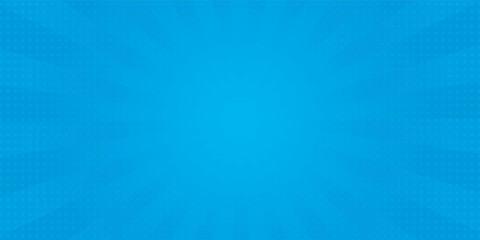 Comic background. Pop art texture. Starburst cartoon style. Anime design with explosion effect for print. Fun dot pattern. Blue backdrop with halftone gradient.