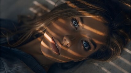 A woman with blonde hair lying down looking up with light stripes across her face and blue eyes showing