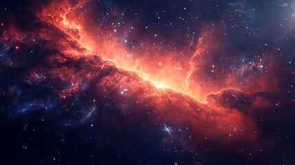 A deep-space scene with a massive glowing red nebula 